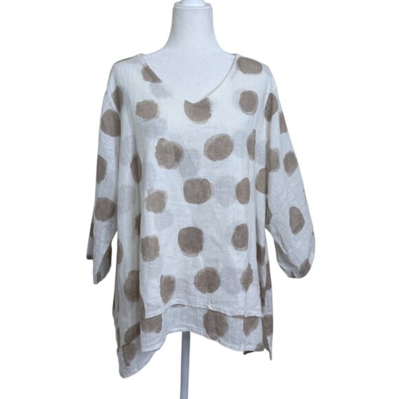 Kaktus Tops - Kaktus Linen Tunic Polka Dot Beige White Top Made in Italy Lagnelook Size M